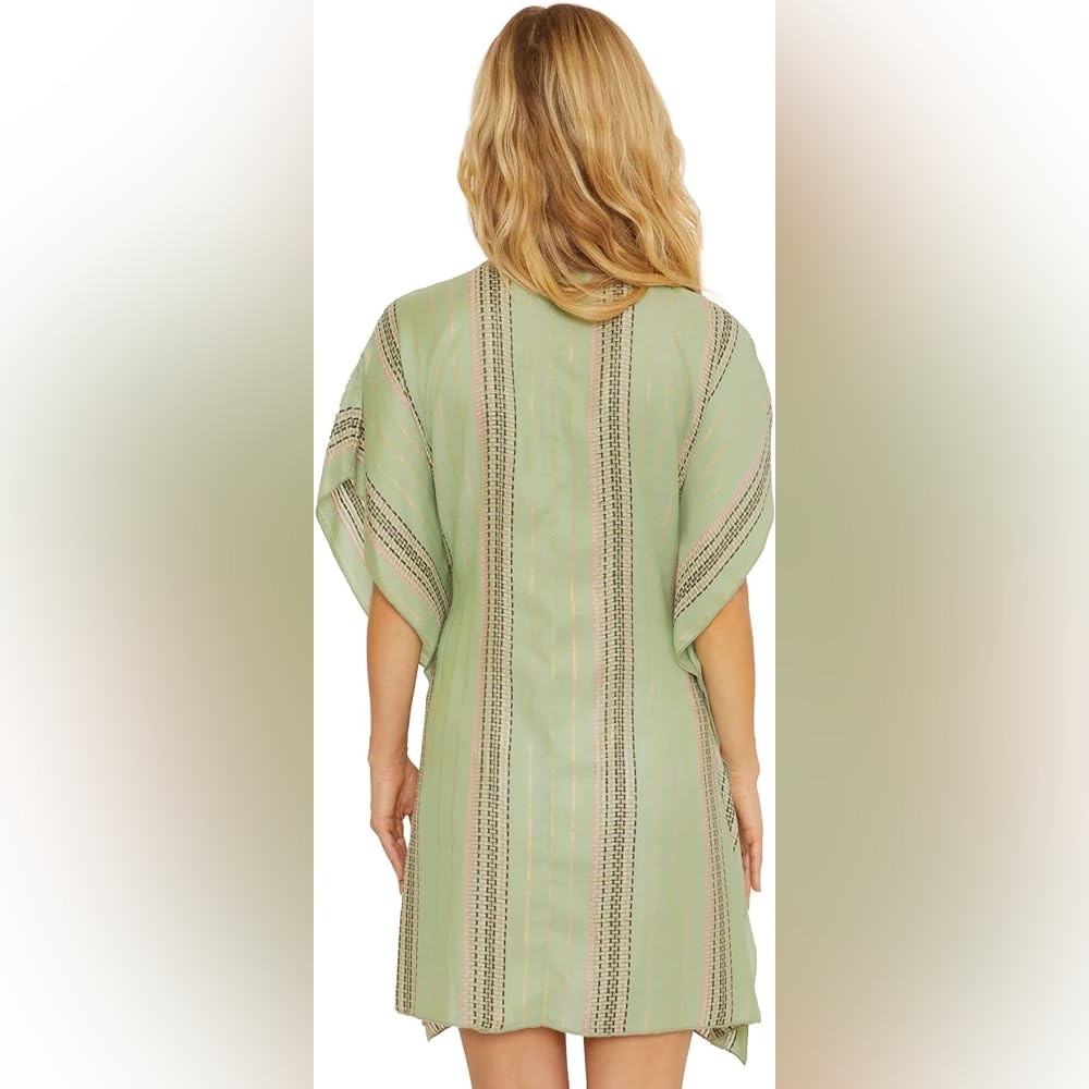 BECCA Radiance Woven Stripe Tunic Rayon Metallic Swim Cover Sage Size M/L - Picture 2 of 8
